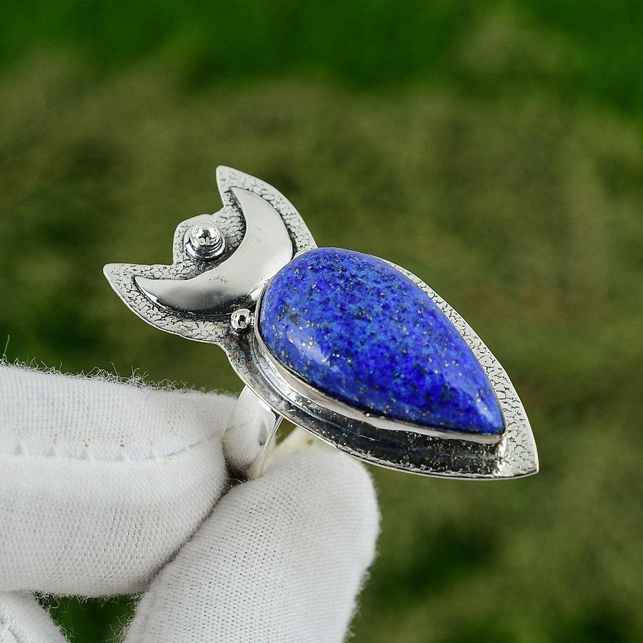 Pear Lapis Lazuli Stone Stackable Crescent Moon Elegant Ring 925 Sterling Silver Adjustable