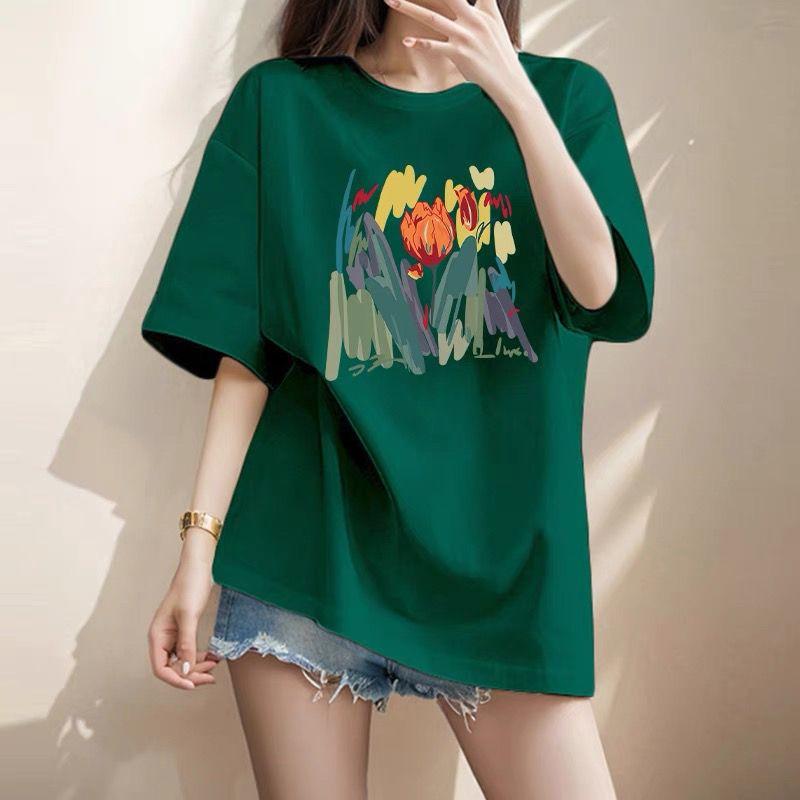 Women Clothing Chic Hand-Painted Flower Printing T-shirt Summer Elegant Fashion Pure Cotton Basic Top Tee Lady Loose Pullovers