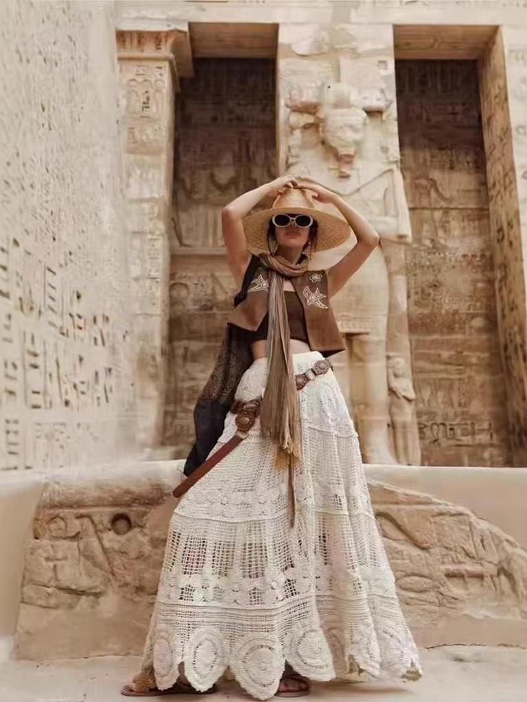 Elastic Waist Crochet A-Line Skirt - Korean Style, Mid-Length, Embroidered, Wide Hem, Slimming Design