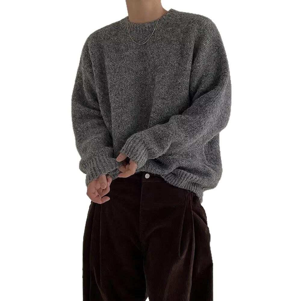Mohair Knitted Sweater Men's Autumn Korean Trend Casual Lazy Style Pullover Sweater Loose Crew Neck Top