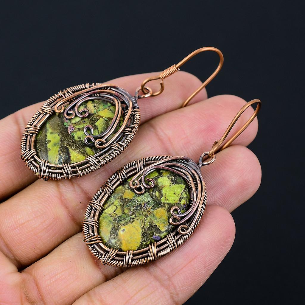 Natural Copper Green Turquoise Handmade Copper Wire Wrap Earring 2.56 T4t88