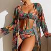Women's Long-Sleeve Bikini Set with Cover-Up and High-Waisted Shorts