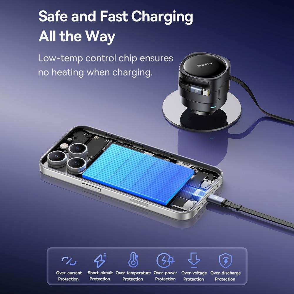 BASEUS Enjoyment Max Car Charger 60W C+L Dual Cable Rotatable Design Fast Charging Retractable Cables
