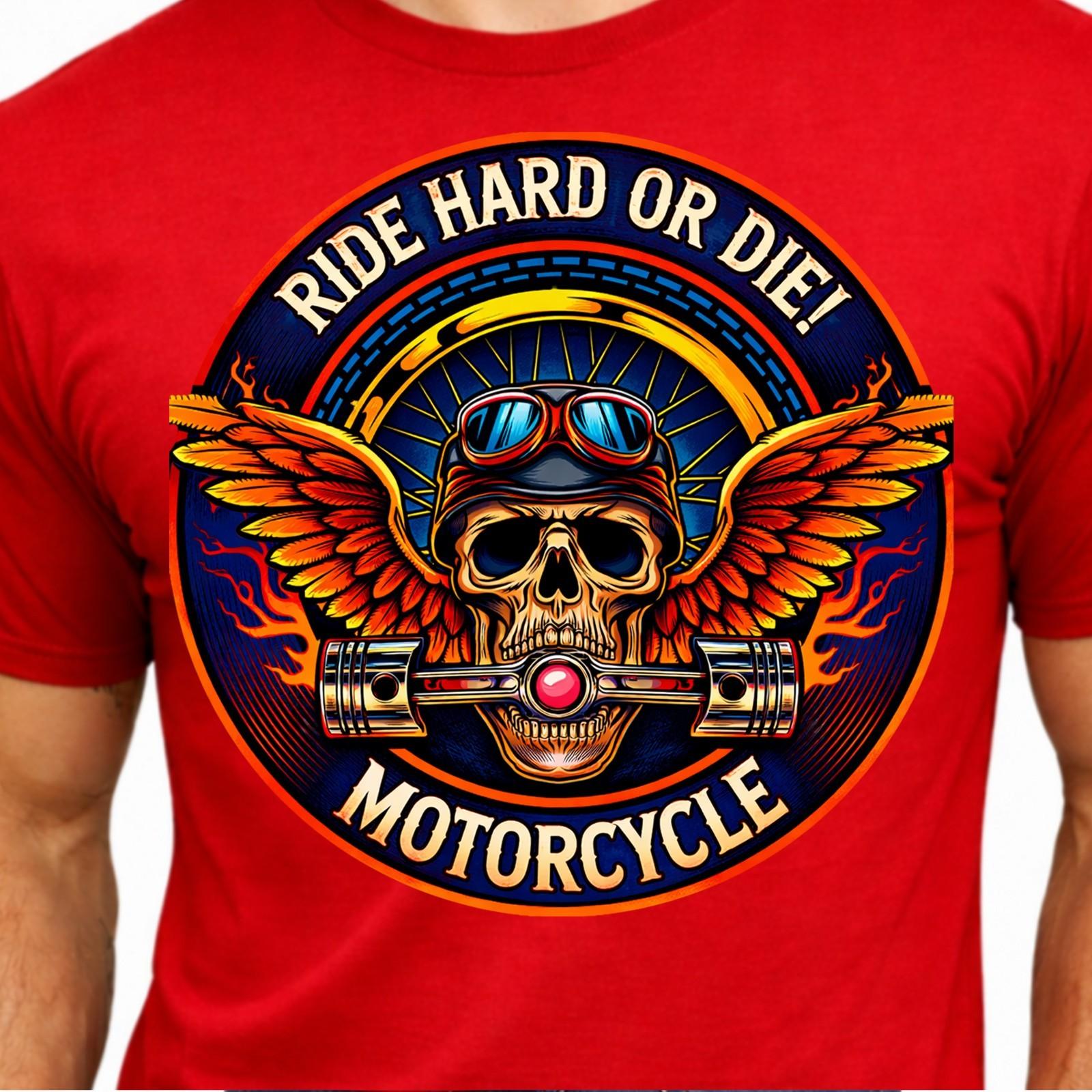 Skull Biker Ride Hard Or Die Graphic Motorcycle Wings Piston Helmet Rider Tee. XXXL