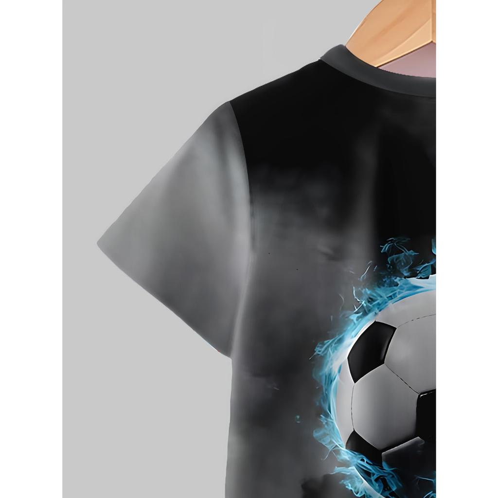 Boys' 3D Soccer Ball Print Casual Outfit - Short Sleeve T-Shirt & Shorts Set, Lightweight Polyester, Black & Blue Design