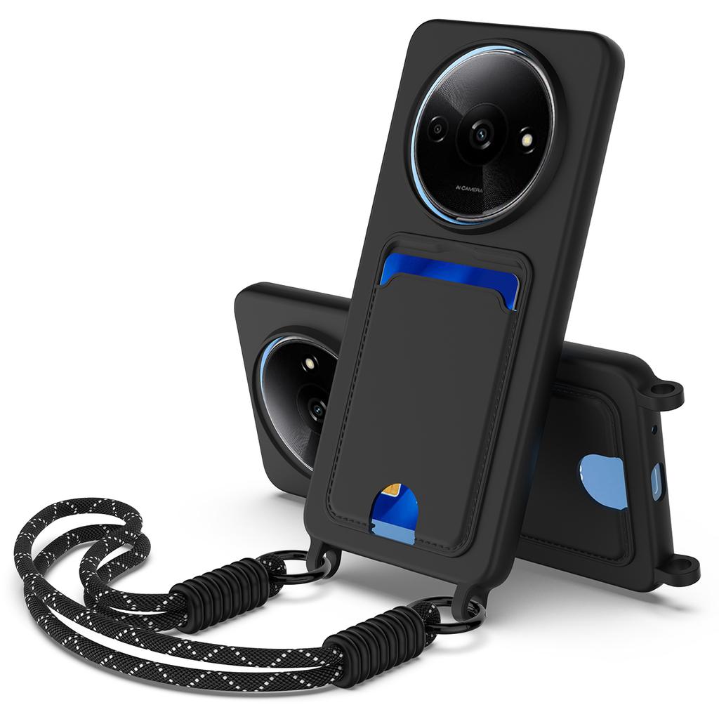 Liquid Silicone Case For Xiaomi Redmi A3 4G/A3x 4G/Poco C61 4G Card Holder Phone Back Cover with Short Strap