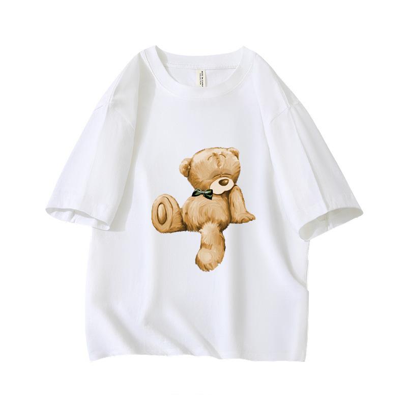Cute Sleepy Bear With Bow Oversized Short Sleeve O Neck T Shirt Graphic Print 100 Cotton 2000s Women Tops Clothes Summer