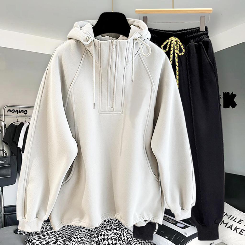 High-Quality Oversized Half-Zip Hoodie - Solid Color, Breathable Patchwork Design for Spring & Autumn