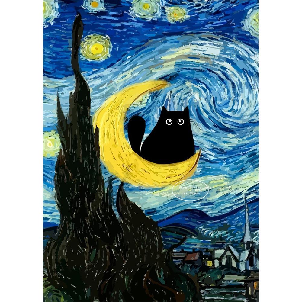 5D Diy Diamond Painting Cross Stitch Embroidery Mosaic Funny Black Cat Flower Van Gogh The Starry Night Full Round Drill Home Decor Wall Art Gift