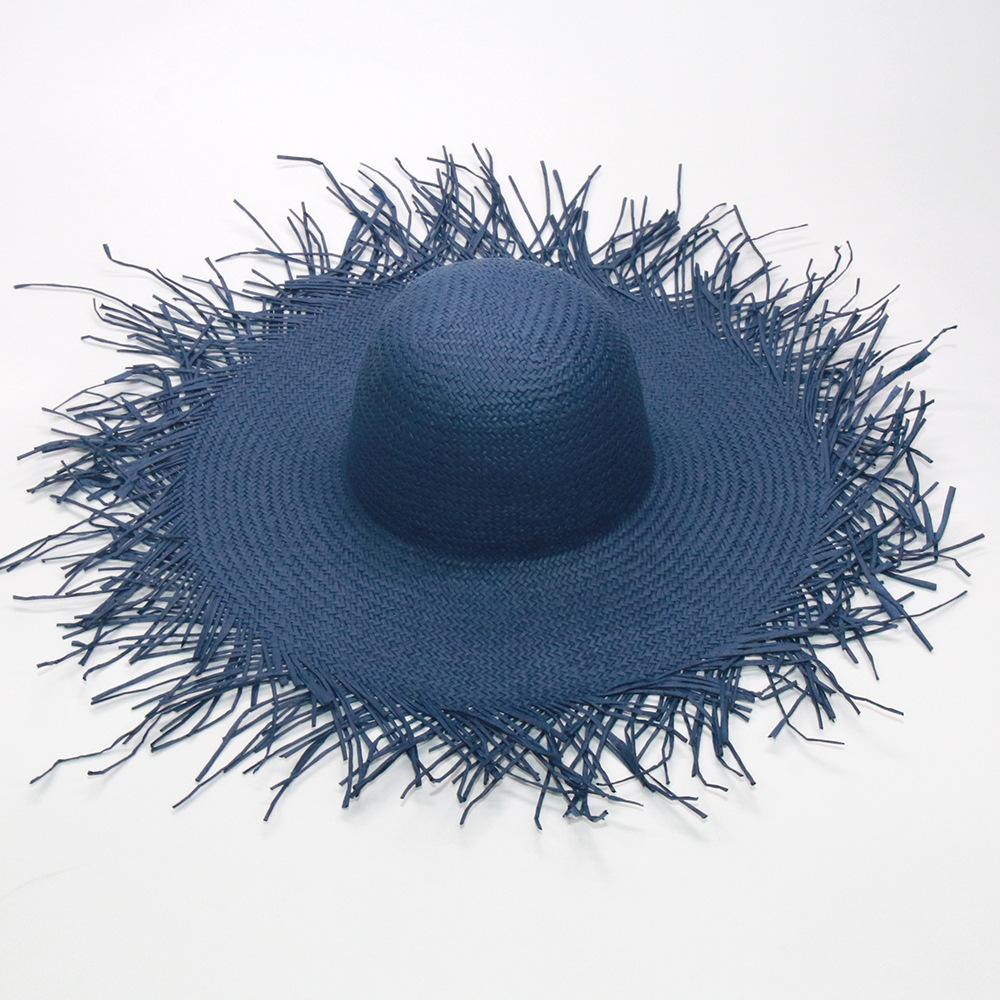 Women's wide-brimmed hat, tassel floss beach hat, foldable pure woven sun-visor, white and black paper straw round hat
