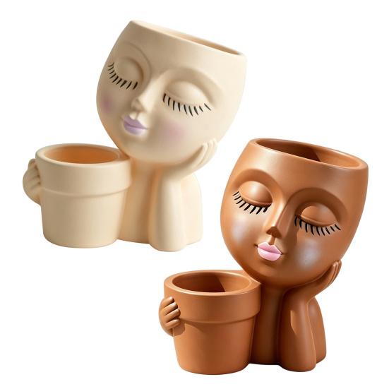 Creative Eyelash Doll Succulents Planter, Cute Sleeping Face Ceramic Pot with Double Holes, Kawaii Desktop Decor for Office Desk, Indoor Small Plant