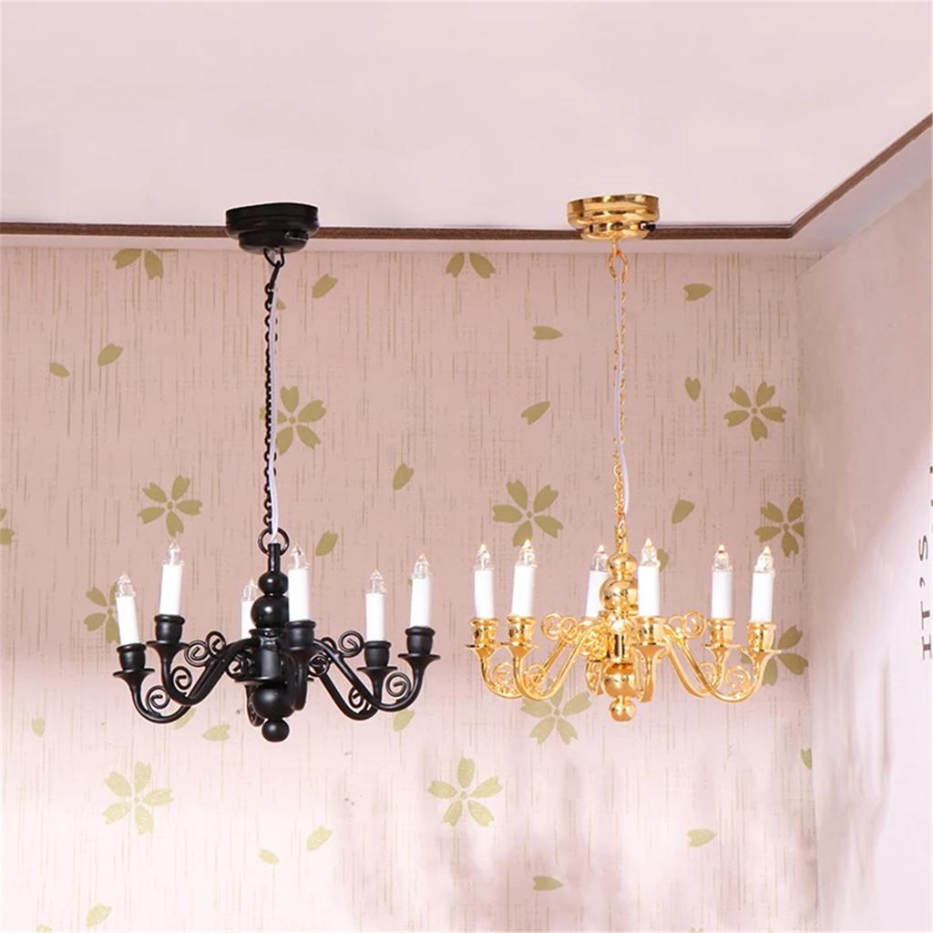 1/12 Scale Six Head Ceiling Lamp Miniature Dollhouses Chandelier Lamp for Living Room Display Landscaping Accessories