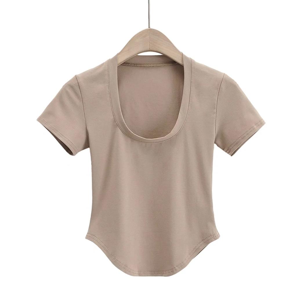 American Summer New Style Chest Revealing U-Neck Slim Fit Short Sleeved Top Sexy Slim Fit Revealing Short Curved Hem T-Shirt