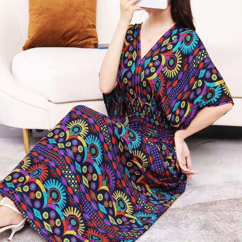 Ethnic Style V-neck Cotton and Silk Short-sleeved Beach Dress Thailand Travel Dress Summer Print Vacation Floral Skirt