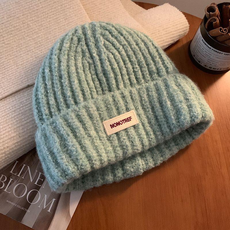 Blue Knitted Wool Hat for Women In Autumn and Winter Big Head Versatile Hat Showing Face Small Warm Ear Protection Head Hat