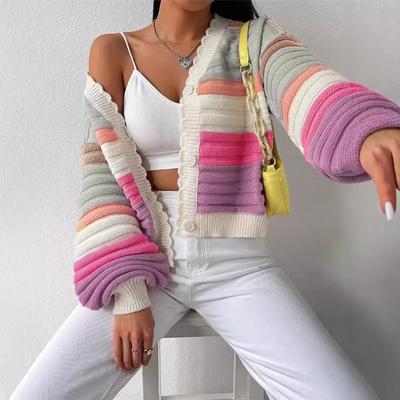 Autumn And Winter Colour Blocking Jumper Jacket Women's Rainbow Stripes Lantern Sleeve Knitted Cardigan