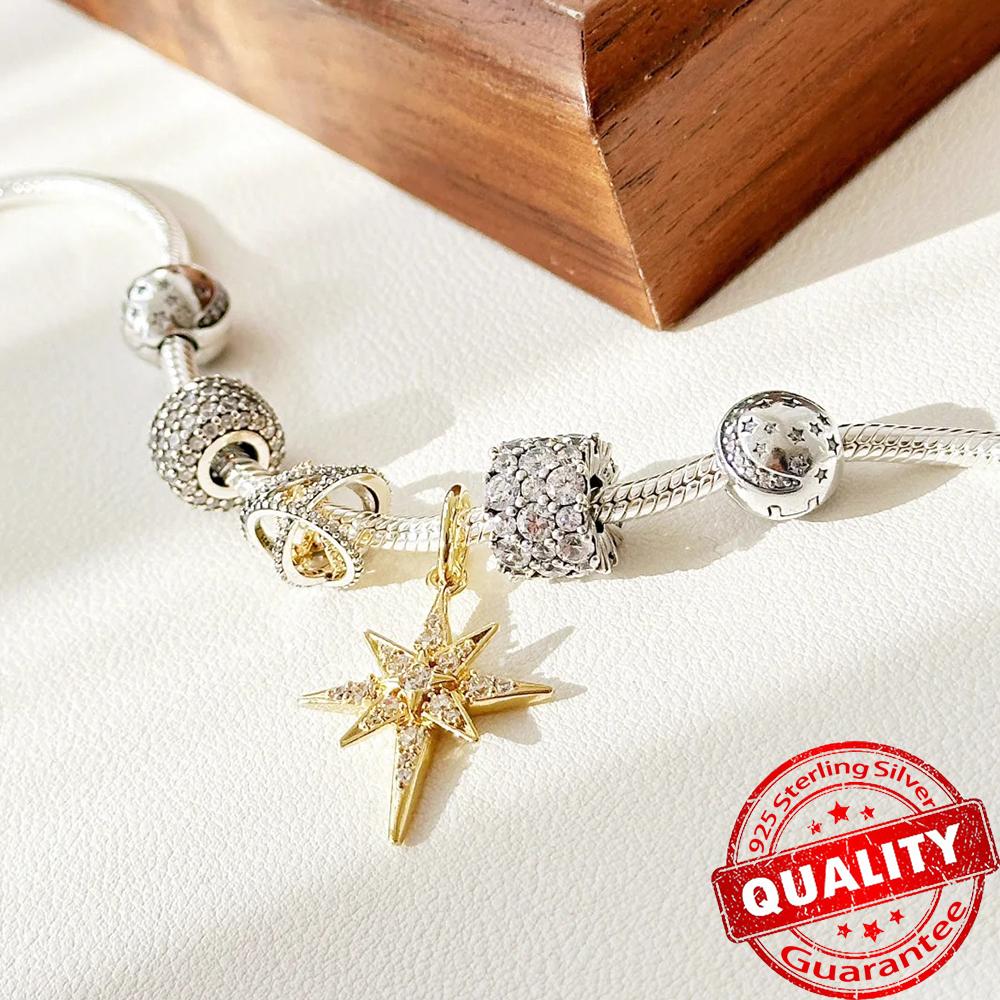 925 Silver Lucky Star & HeartDice Sparkling Bow Dangle Charm Fit Original Bracelet DIY Birthday Jewelry Gift