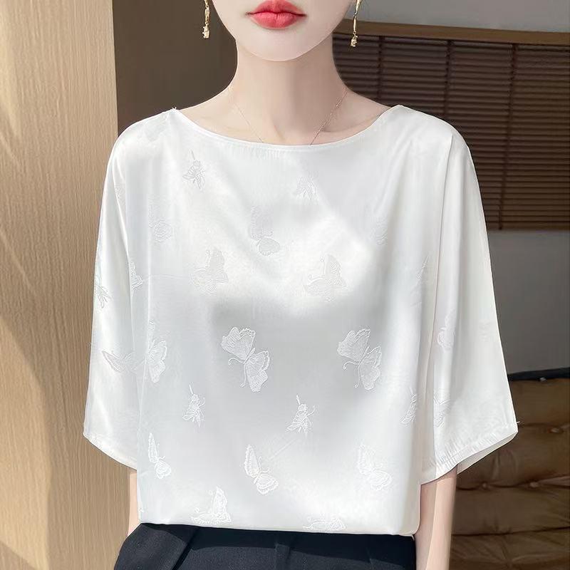 Damen Kurzarm-T-Shirt aus Seidensatin, Rundhalsausschnitt, Unifarben, Lockere Passform, Vielseitig, Schlankmachendes Drapier-Design