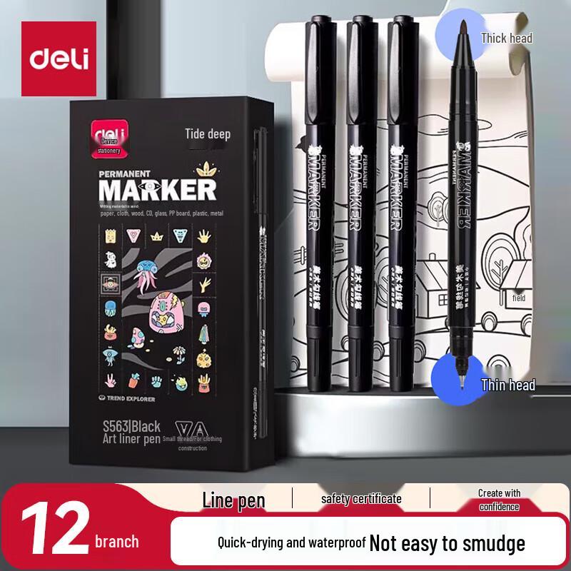 Deli Dual-Tip Black Marker Pens, 12-Count