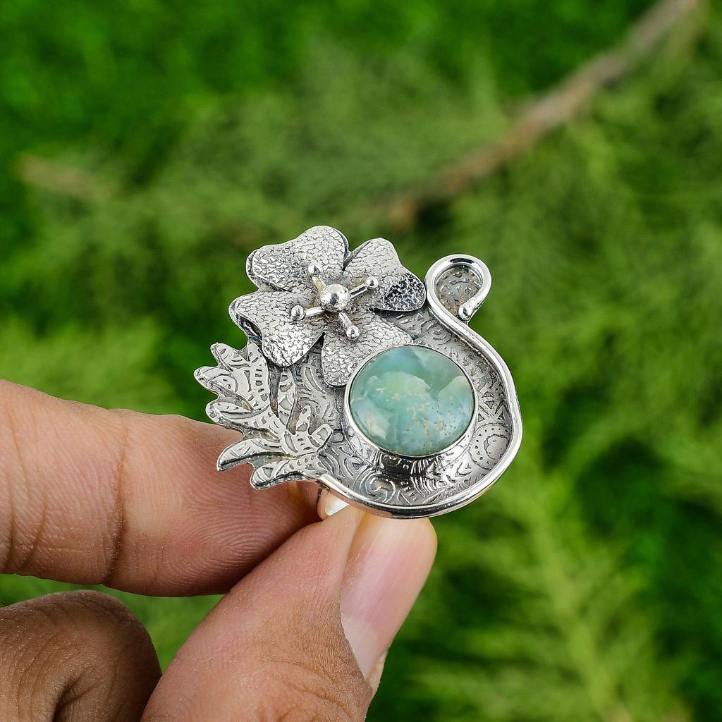Mothers Day Deal Larimar Gemstone Sterling Silver Promise Flower Ring Jewelry