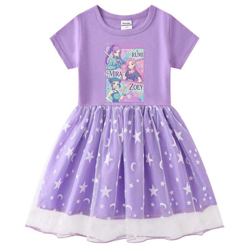 Korean Style Kpop Demon Slayer Mesh Princess Dress for Girls - Short/Long Sleeve Options