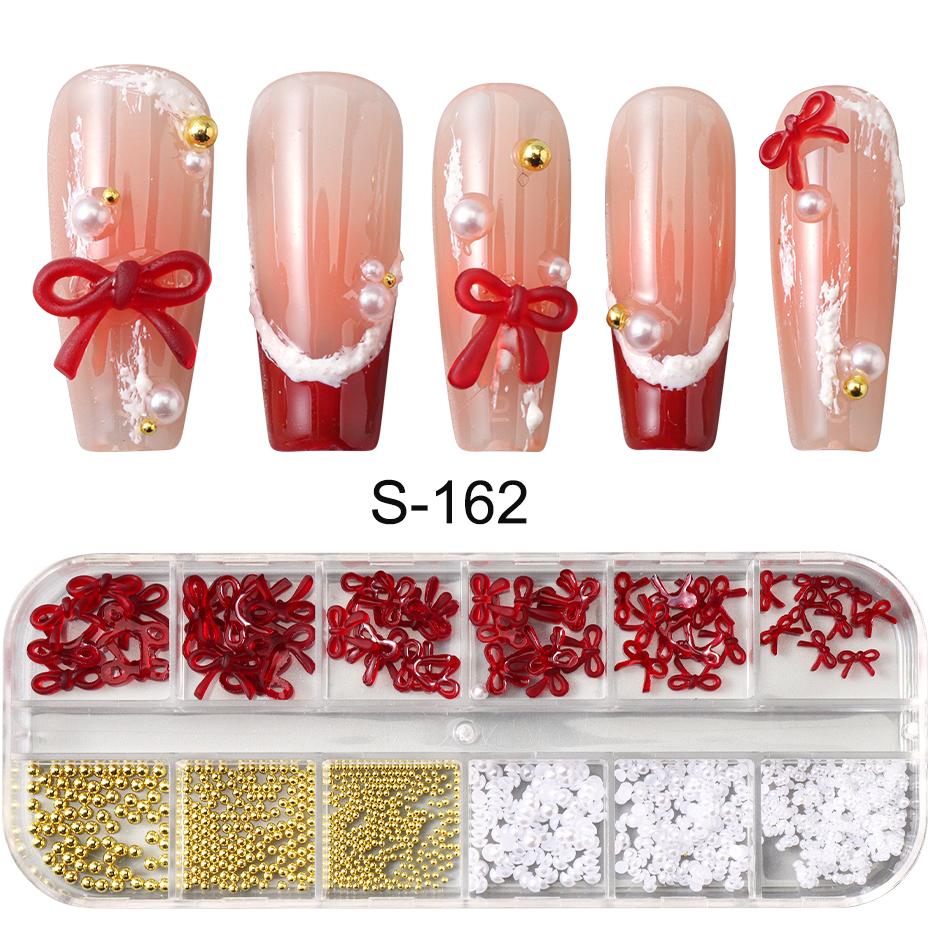 Xiaomi 12 Grid Wine Red Bow Tie Charms Nail Art Decorations with Golden White Jewelry Wedding Nail Supplies Nail Art Decor Accessories