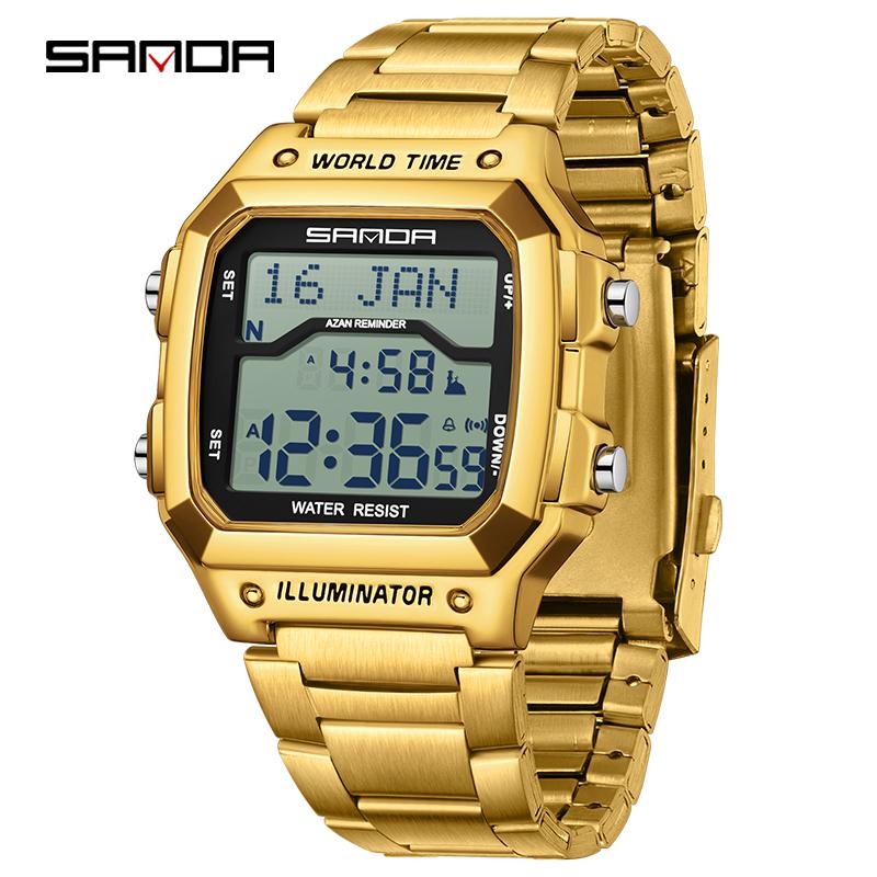 Relógio Digital SANDA 2173 Hora Mundial com Função Azan Pulseira de Aço À Prova d'Água Multifuncional Lembrete de Oração Relógio de Pulso
