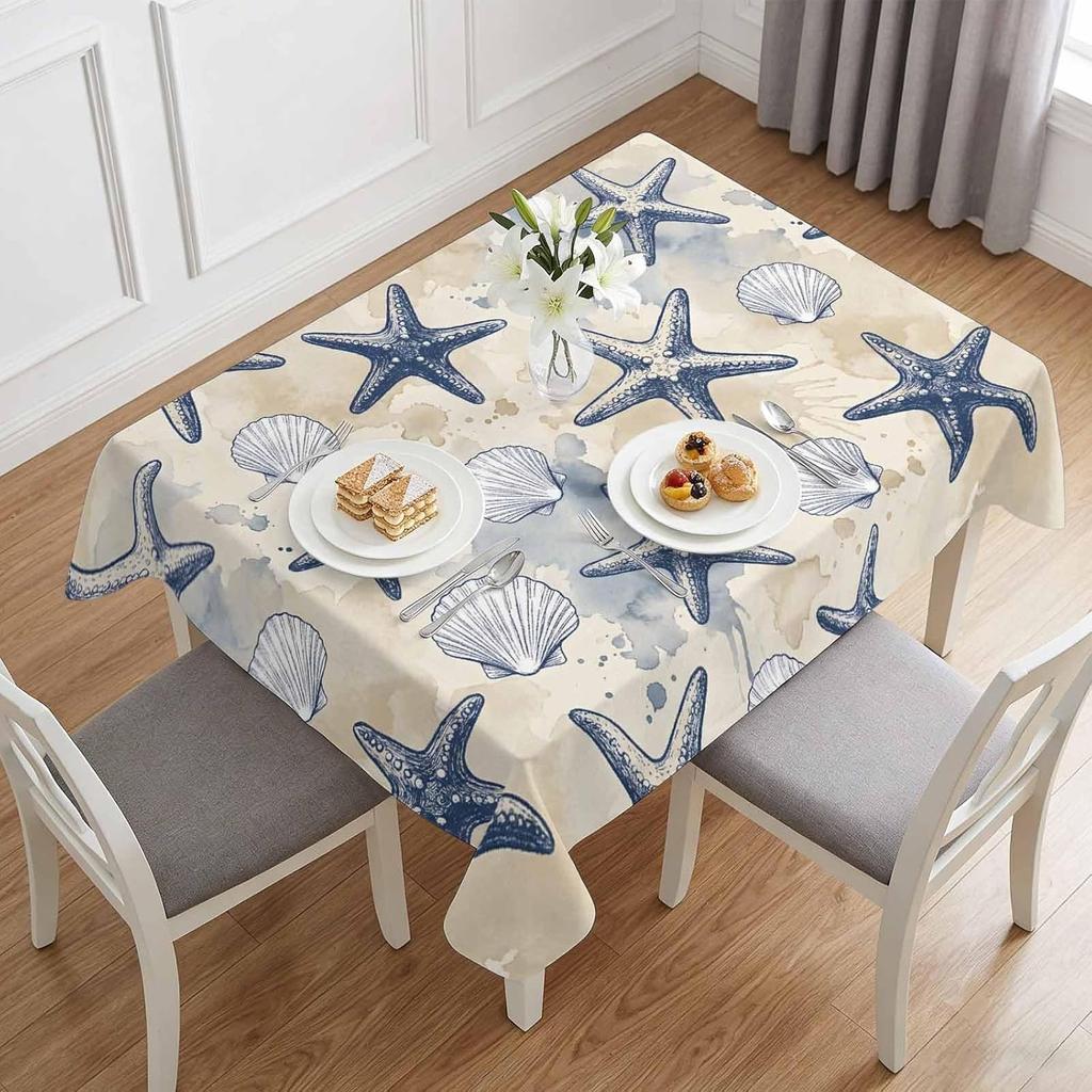Summer Ocean Starfish Shell Rectangle Tablecloth for Table Decor Reusable Kitchen Dining Tablecloth Holiday Party Decorations