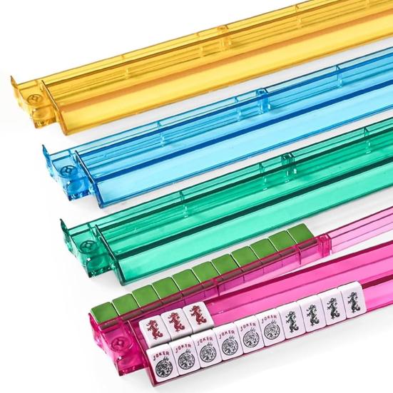 4Pcs Mahjong Rack with Pusher Heavy Duty Portable Multifunctional American Mah Jongg Tile Holder Push Ruler Mahjong Accessories