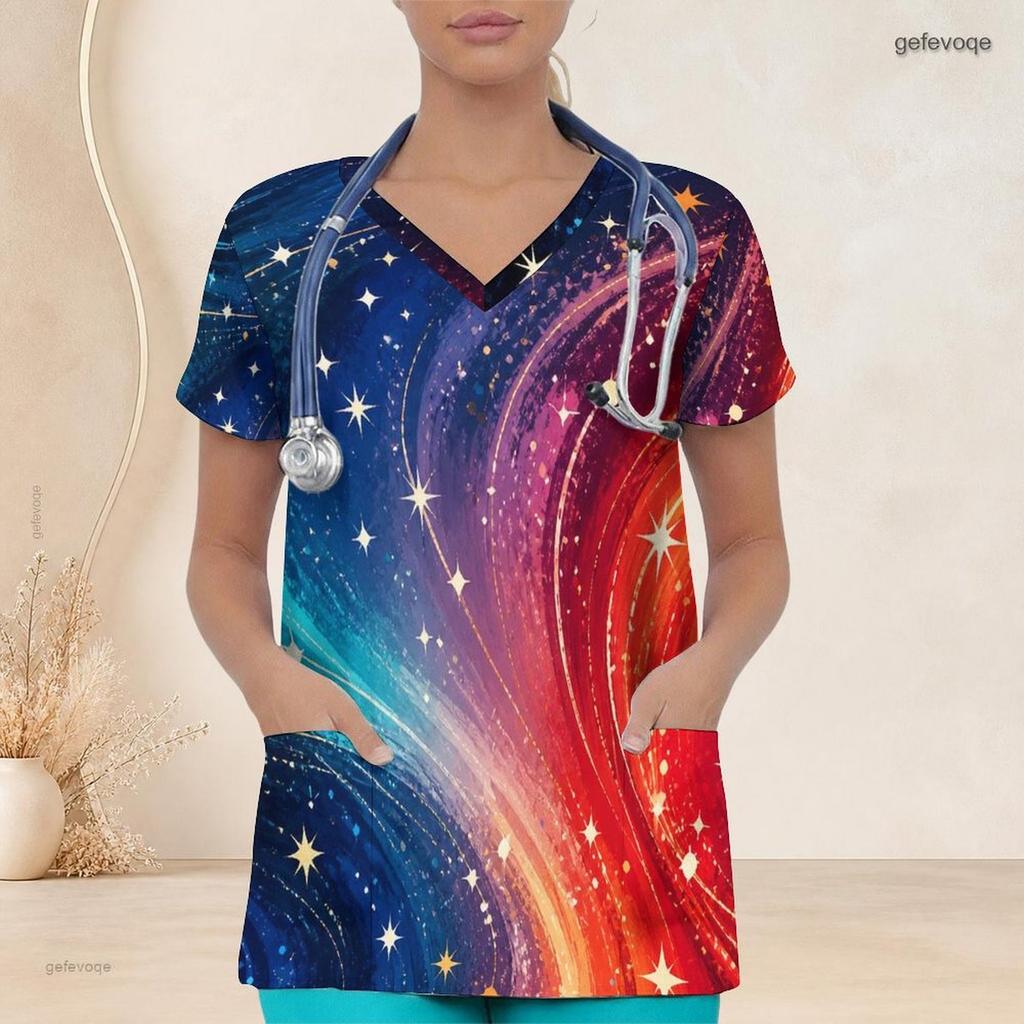Women Plus Size Nurse Scrub Top V Neck Short Sleeve Galaxy Star Printed With Front Pockets