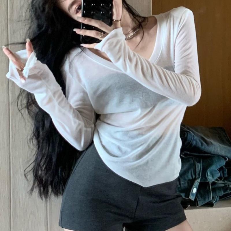 Design Hollowed Out Long Sleeved T-shirt for Summer Cover Up, Slim Fit for Spicy Girls, Slim Fit for Inner Wear, Sun Protection Pure Desire Top