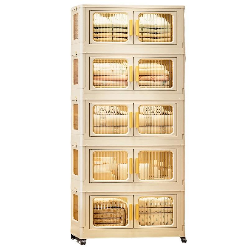Movable Multi-Layer Folding Storage Cabinet: No-Installation Plastic Organizer for Bedroom and Living Room