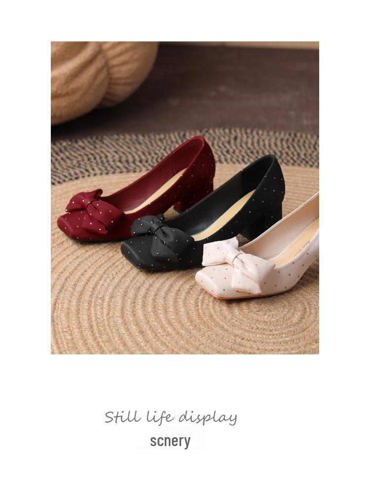 Burgundy Square Toe Silk Heels with Rhinestone Bow