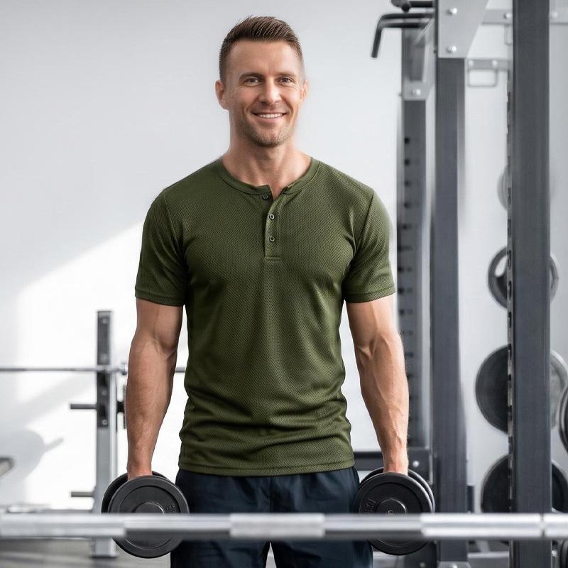 Men's Quick-dry Henley Collar Eyelet Fabric Short Sleeve T-shirt