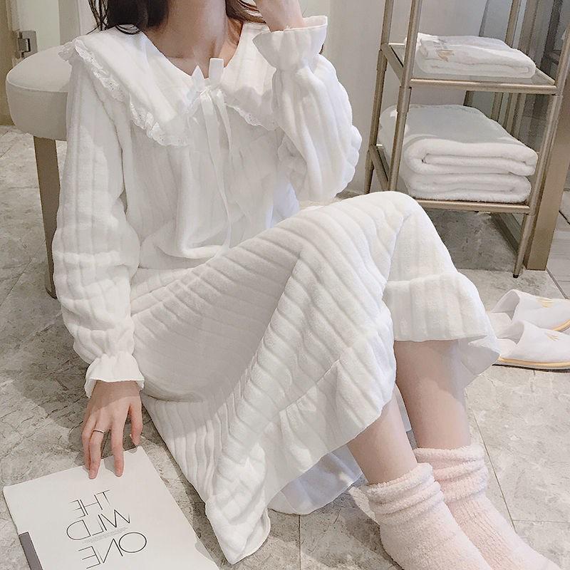 Sweet Flannel Princess Pajamas: Mid-Length Korean-Style Loose Coral Fleece Sleep Dress L