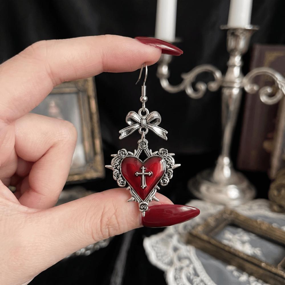 Bow Heart Cross Earrings Red Enamel Halloween Dangle Earrings Thorn Rose Drop Earrings Women