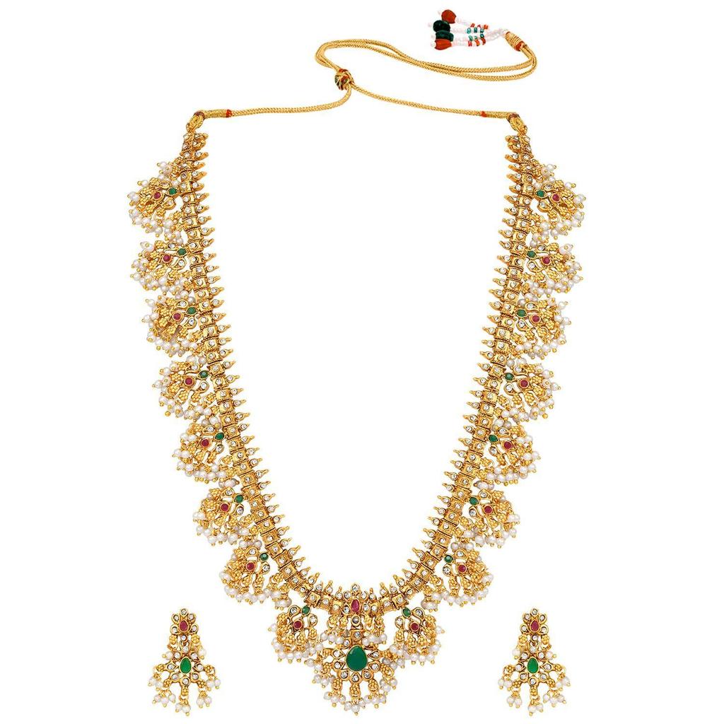 Faux Ruby Faux Emerald & Beads Studded Bridal Necklace Earrings Set Ethnic Jewellery Gift for Women