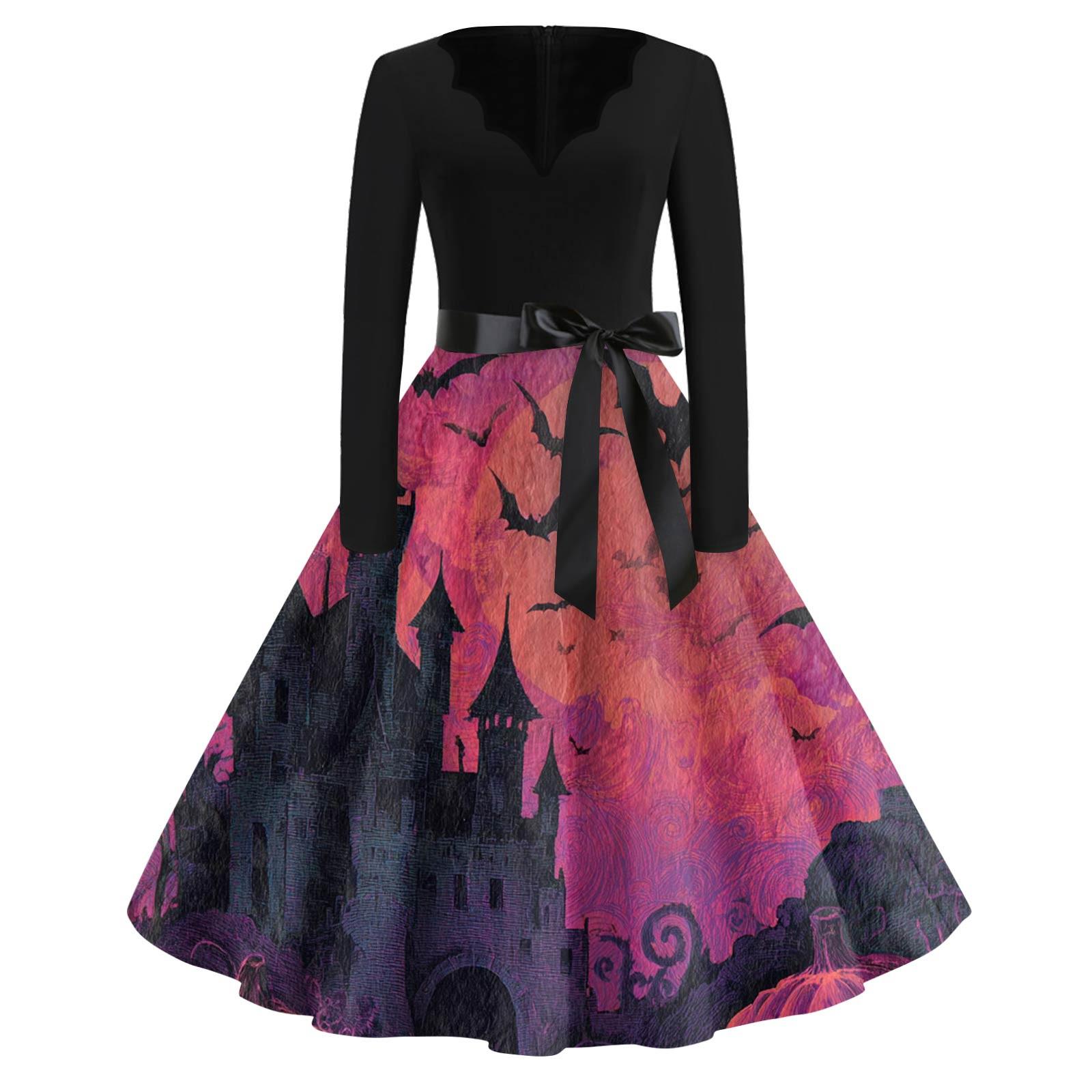 

Жіночі модні повсякденні тонкі сукні з довгими рукавами з принтом на Хеллоуїн з V-подібним вирізом XL