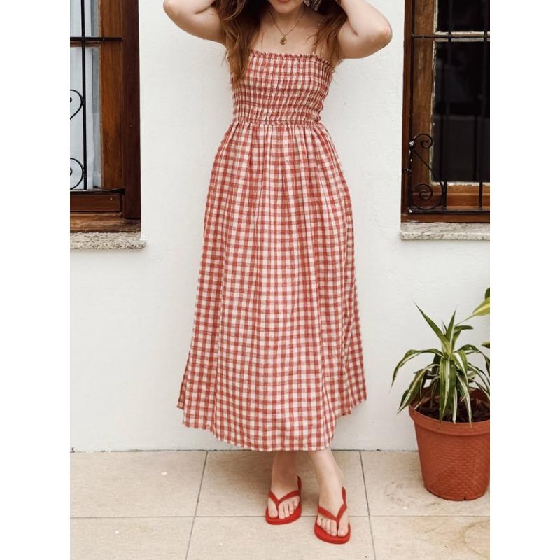 Women Casual Plaid Cinched Waist Spaghetti Strap Long Maxi Dress For Daily Vacation