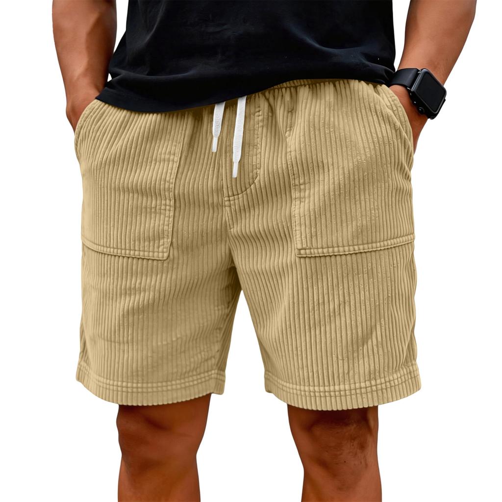 Men Corduroy Shorts with Drawstring Waist Relaxed Fit Casual Shorts with Side Pockets and Elastic Waistband