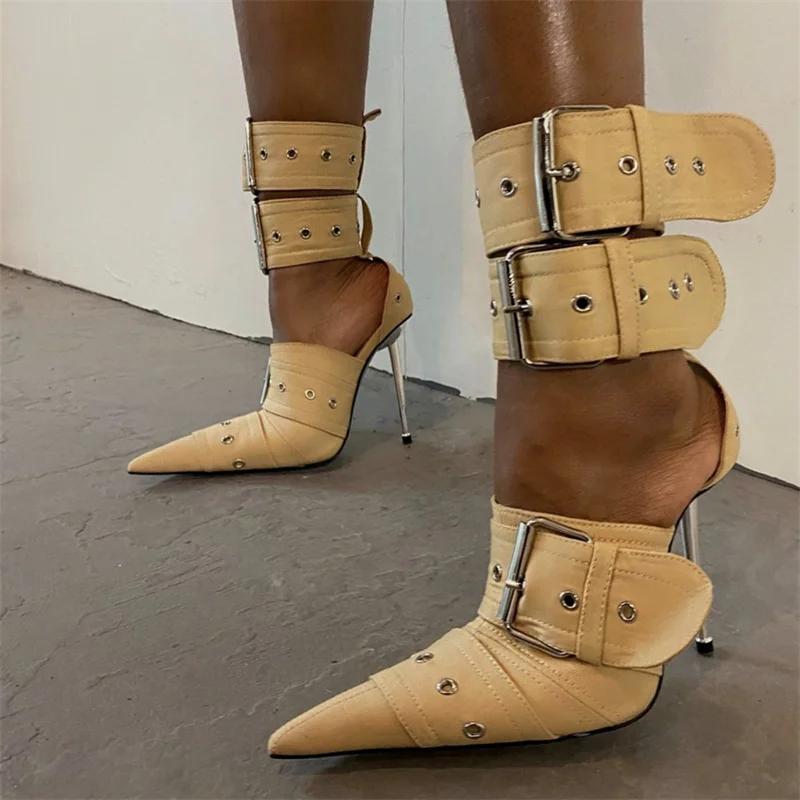 Fashion New Women Denim Metal Rivet Buckle Sandals Women Sexy Punk Style Pointed Hollow Metal 11cm High Heel Knee High Boots Size34-43