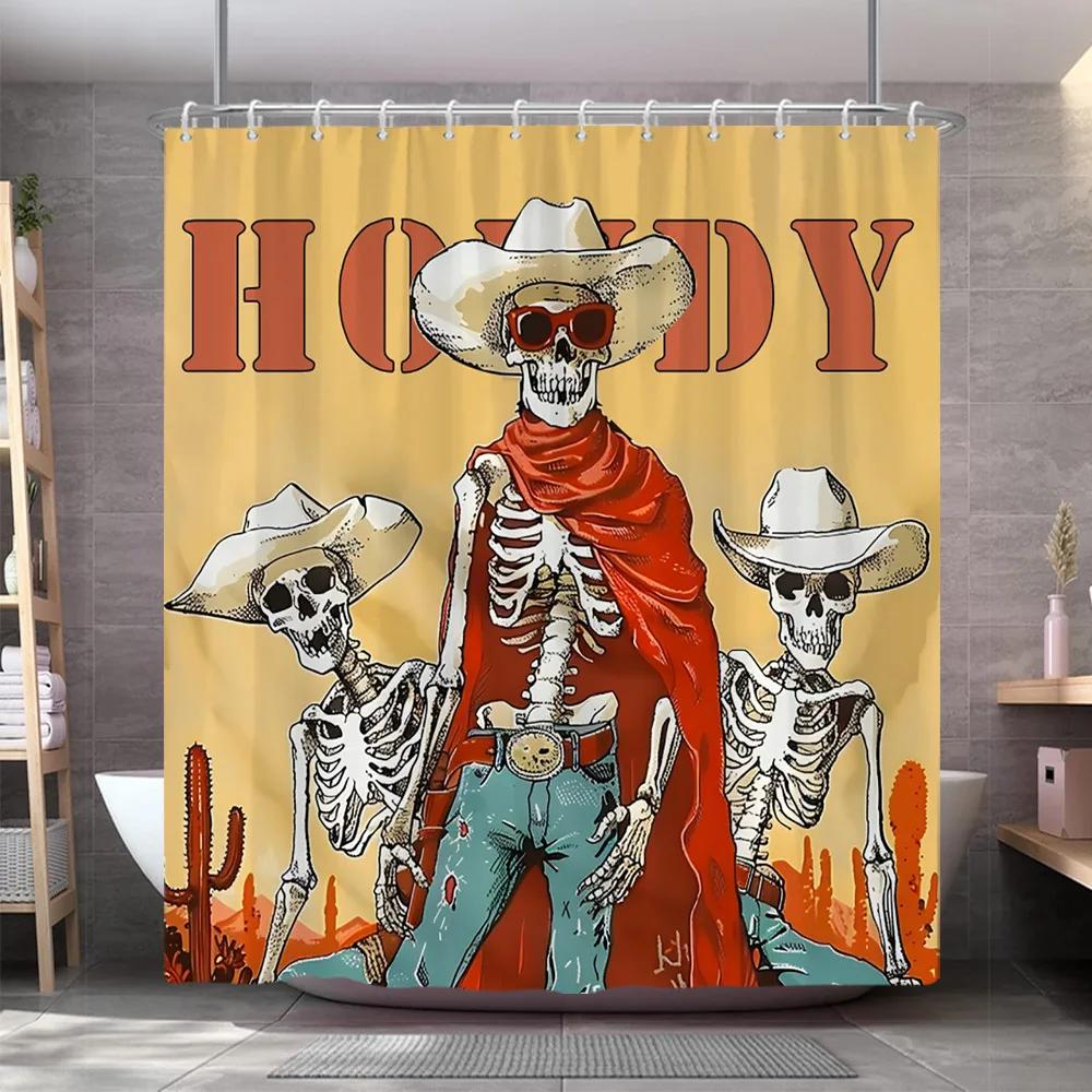 Vintage Western Schädel Gitarre Duschvorhang Lustiger Skelett Cowboy Howdy Gotisch Wilde Natur Wüste Duschvorhang Badezimmer Dekor