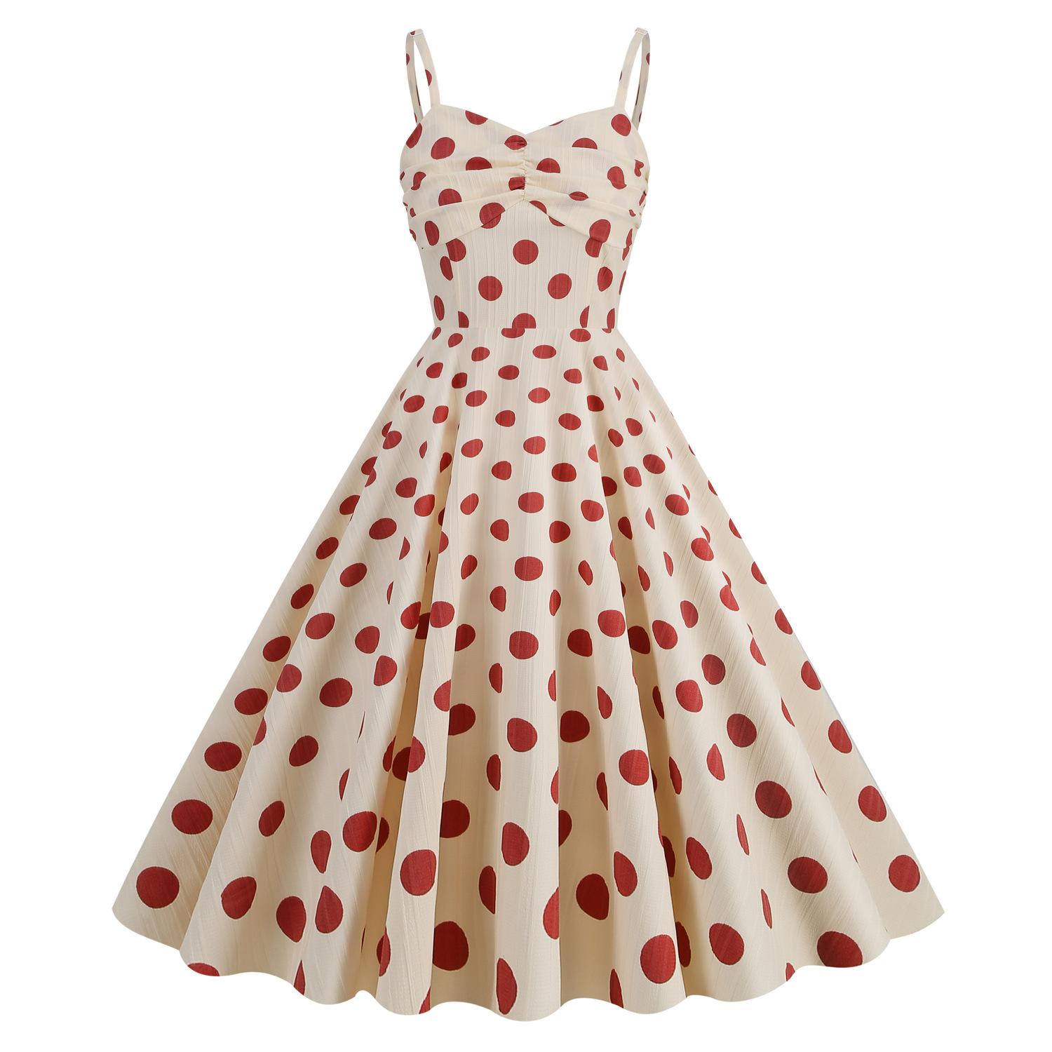 Retro-inspired, fresh and breezy polka-dot halter-neck, off-the-shoulder, fitted, high-waisted, midi-length flared dress S