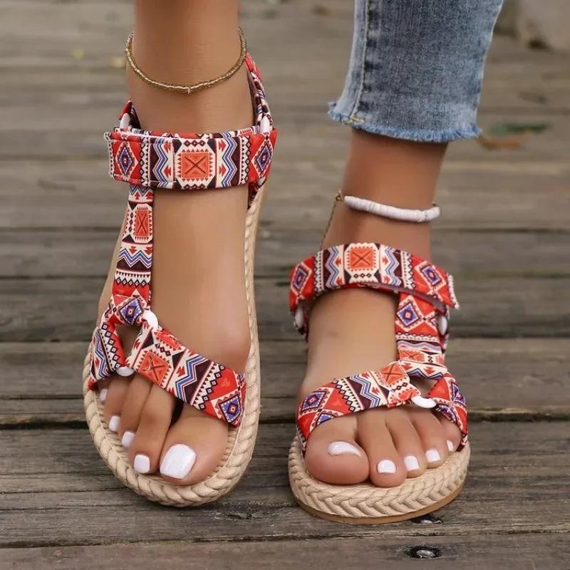 

Sandalias Mujer Verano 2024 New Thin Sole Beach Shoes Comfort Wear Ethnic Style Footwear Women Casual Fish Mouth Flat Sandals 36 червоний