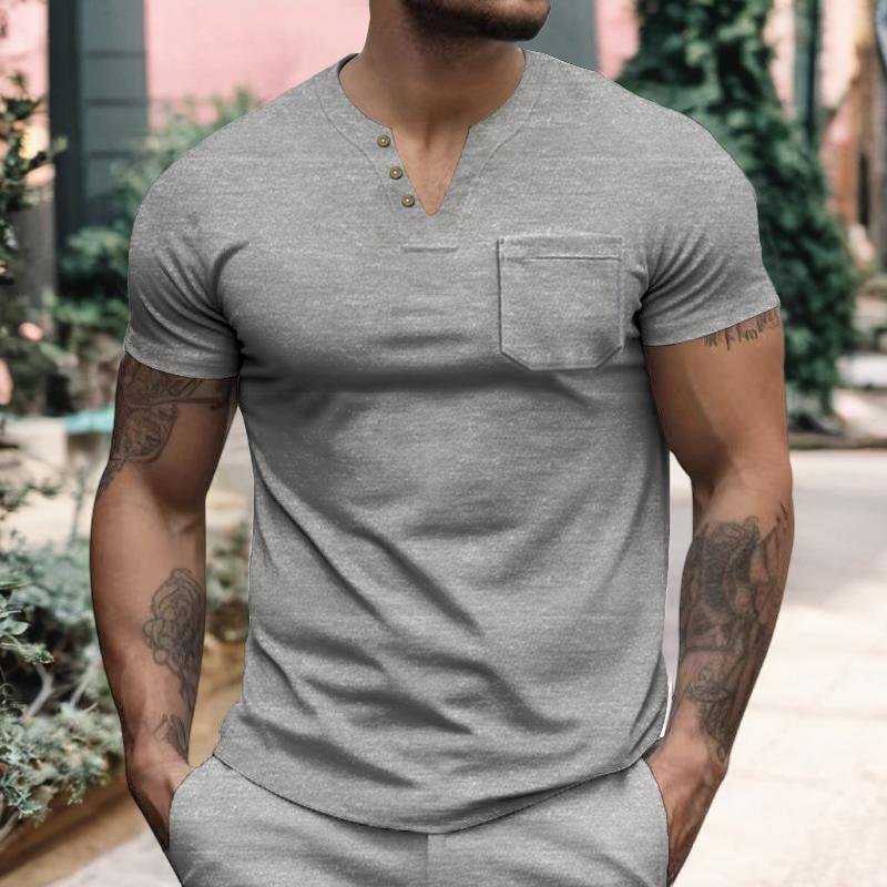 

Summer Men s Thin V-Neck Solid Color Casual Breathable Short Sleeve T-Shirt With Pocket S