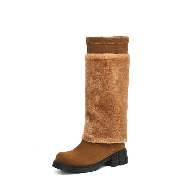 Large Size - Women's Boots Autumn and Winter Flat Heel Women's Boots Winter Boots Thick Heel Medium Tube European and American Snow Boots Keep Warm