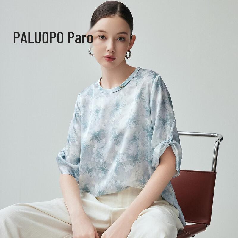 PALUOPO Women s 19 Momme Silk Jacquard Round Neck T-Shirt L светло-синий