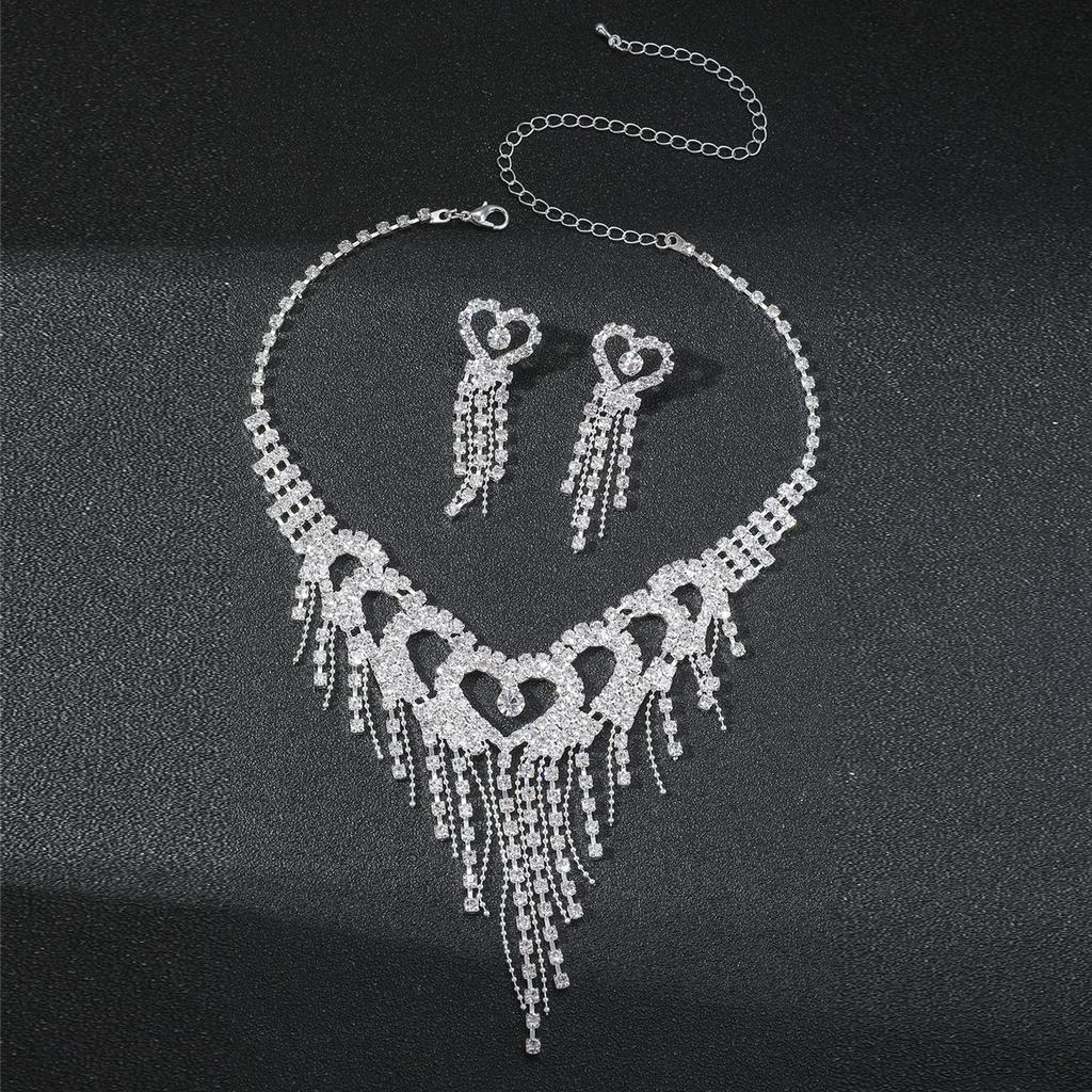 Shiny Rhinestone Necklace Earrings Two-piece Set Love Tassel Necklace Ear Jewelry