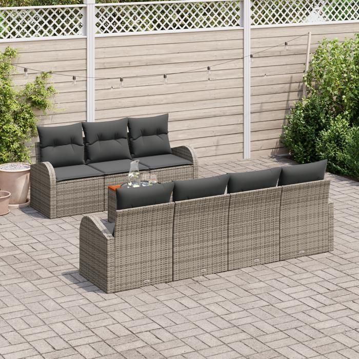 VidaXL Ensemble de 8 Canapés de Jardin avec Coussins Gris Poly Rattan Acacia 3347538