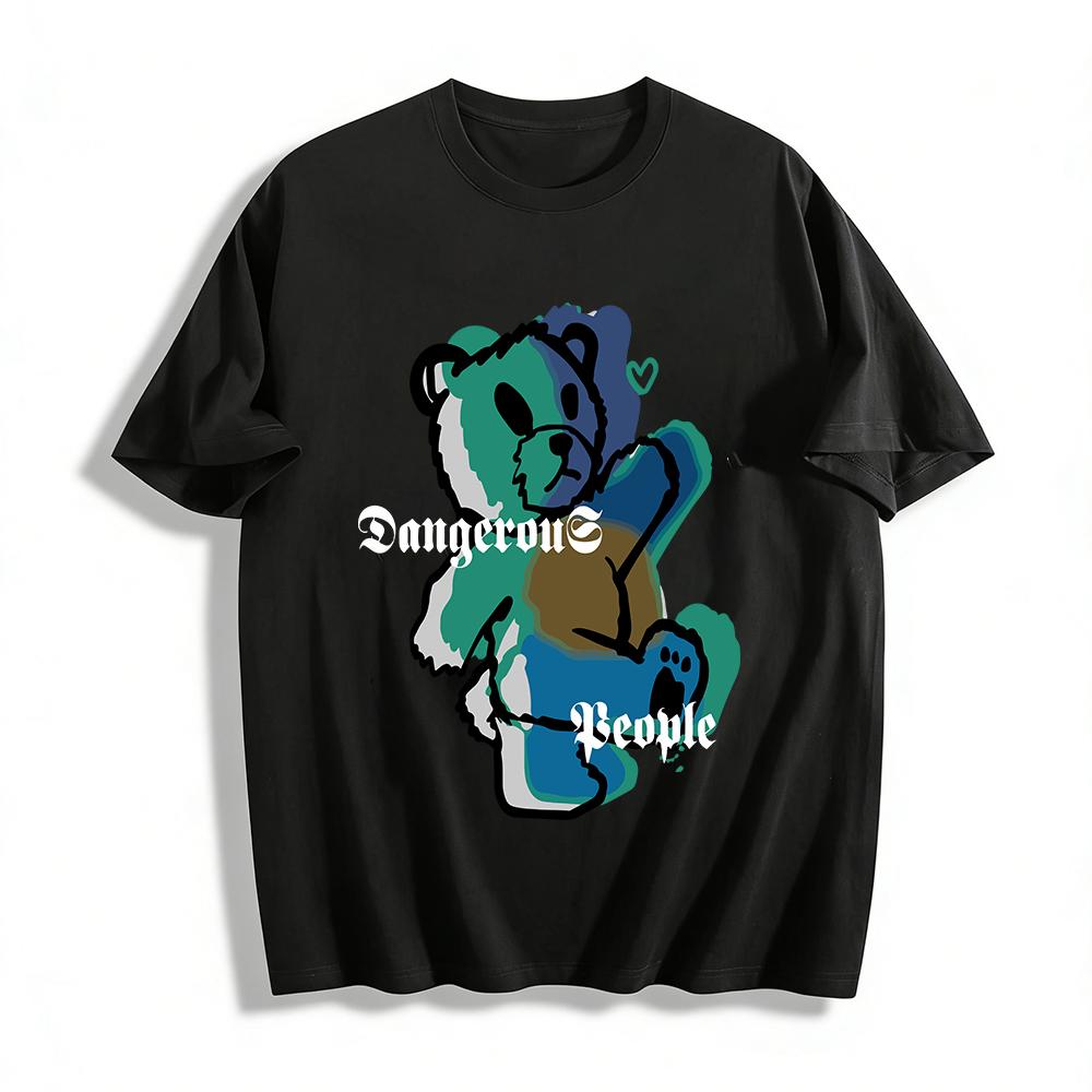 Dangerous People Distorted Bear Print T-shirt Unisex Loose Casual Streetwear Top Pure cotton T-shirt XXS